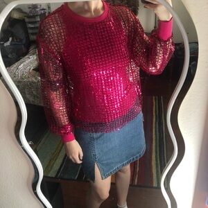 Pink sequin fishnet long sleeve see-through balloon sleeves top